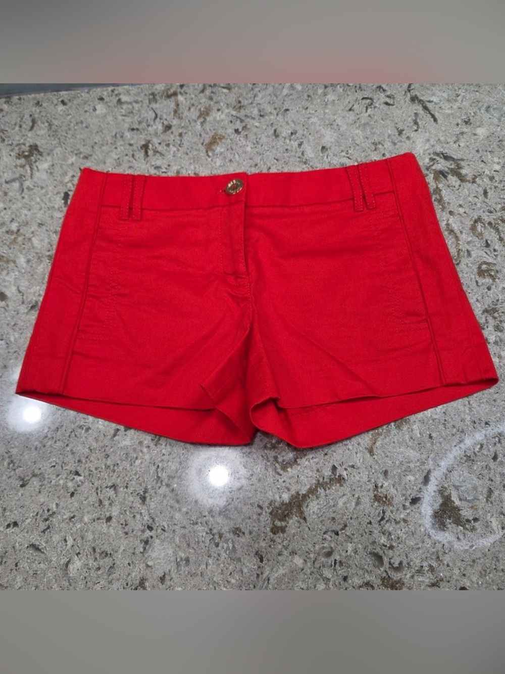 Tory Burch Orange/Red Bright Cotton Shorts‎ Gold Logo Button Size 4